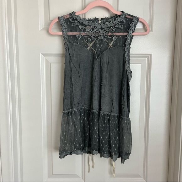 NEW Pol Boho Lace Acid Wash Back Lace Tie Zip Tank Grey Medium Whimsigoth Witchy - Picture 2 of 7